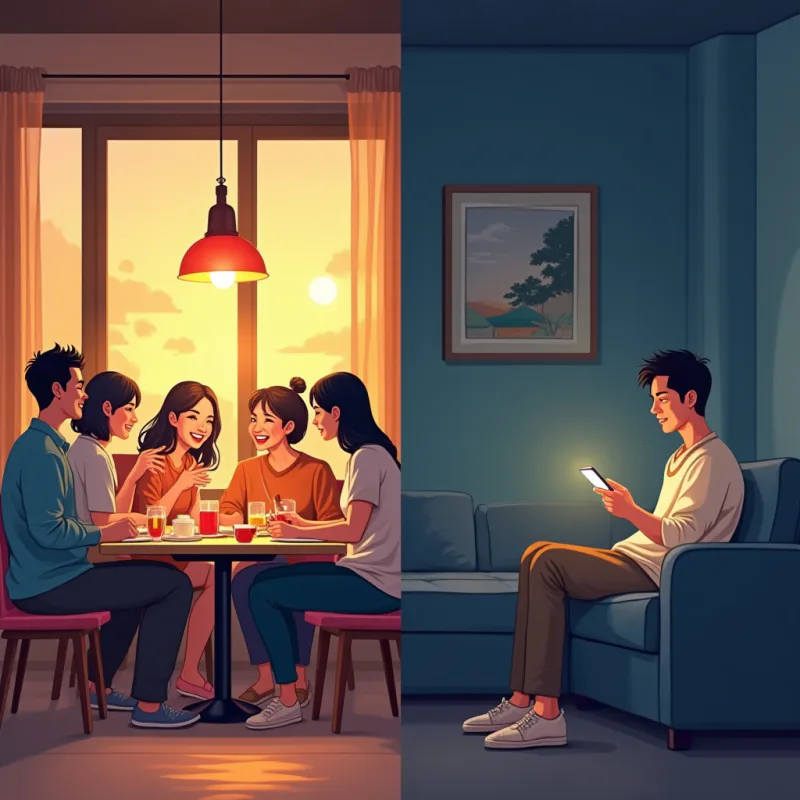 二つの場面を対比させた漫画風イラスト。片側は温かい夜、日本人らしき人物が現地のさまざまな国籍の友達と居心地のいいお店で笑い合っている。もう片側は同じ人物が薄暗い部屋のソファで一人スマホを見ている。左は温かく明るい色、右は冷たい灰色。はっきりしたコントラスト、モダンなイラスト、文字なし
