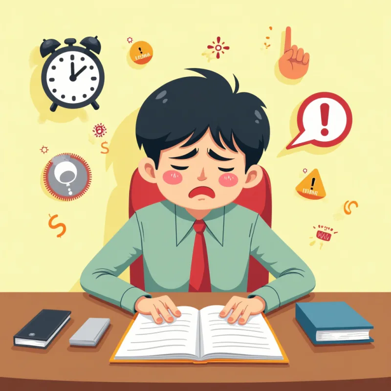 カラフルなカートゥーン風イラスト：整ったデスクで肩に力が入った若い会社員、周りに時計、静かにしてのジェスチャー、小さな謝罪の吹き出し、注意マークのアイコンが浮かぶ、緊張してるけど大げさじゃない雰囲気、暖かく明るい色、モダンなイラスト、文字なし
