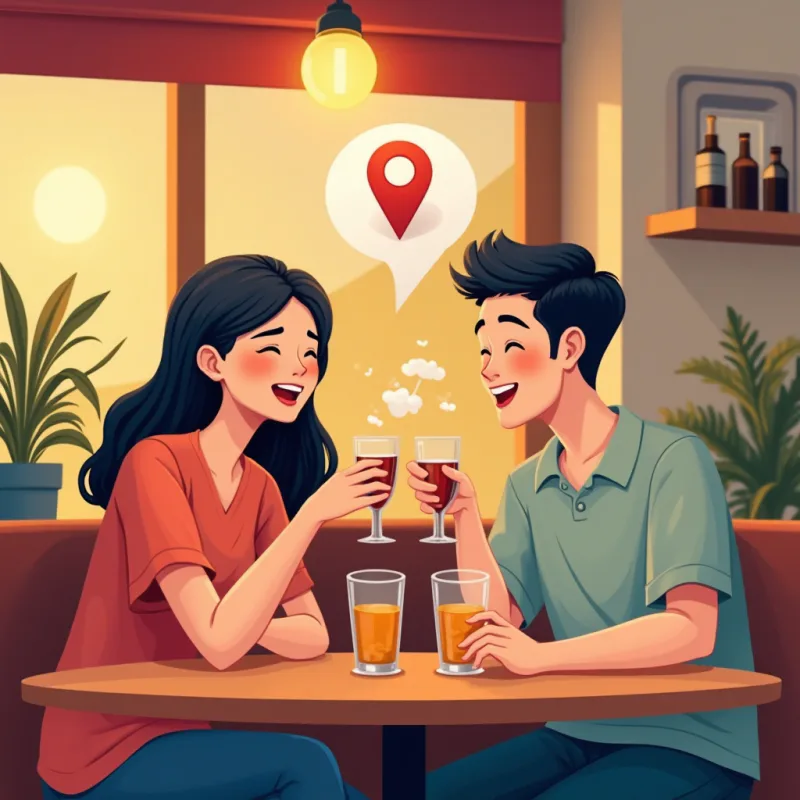 カラフルなカートゥーン風イラスト：日本人と外国人の2人の友達が、居心地のいい夜のカフェでドリンク片手にリラックスして笑っている、テーブルの上に小さな地図のピンが浮かぶ、暖かく軽やかで親しみのある雰囲気、暖かく明るい色、モダンなイラスト、文字なし