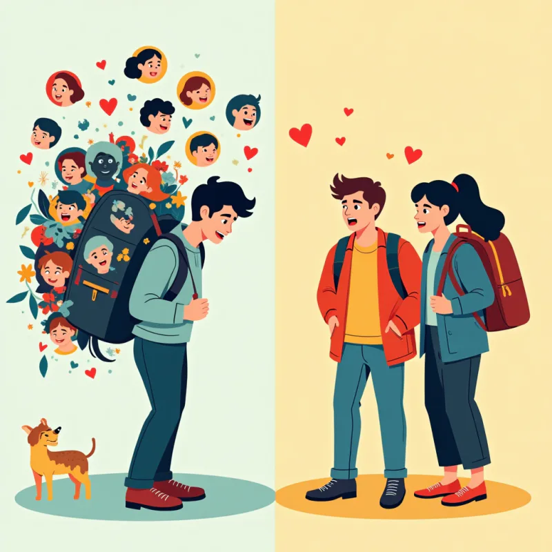 二つの場面を対比させた漫画風イラスト。片側では日本人らしき人物がパートナーに大きなリュックを背負わせ、そのリュックから通訳・支え・予定などを表すアイコンがあふれている。もう片側では同じカップルがそれぞれ別の友達グループと笑い合い、二人の間に余裕がある。左は重く沈んだ色、右は温かく明るい色。モダンなイラスト、文字なし