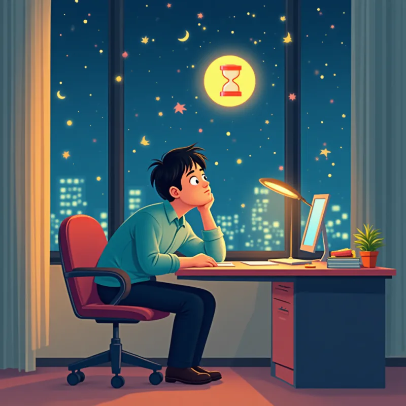 カラフルなポップアート調のコラージュイラスト:日本の会社員が「いつか」を待っているテーマ、砂時計、地球儀、英語の吹き出し、通勤電車、遠くに浮かぶ小さな夢のアイコン、鮮やかなネオンカラー、モダンなグラフィックデザイン、目を引くサムネイル、文字なし
