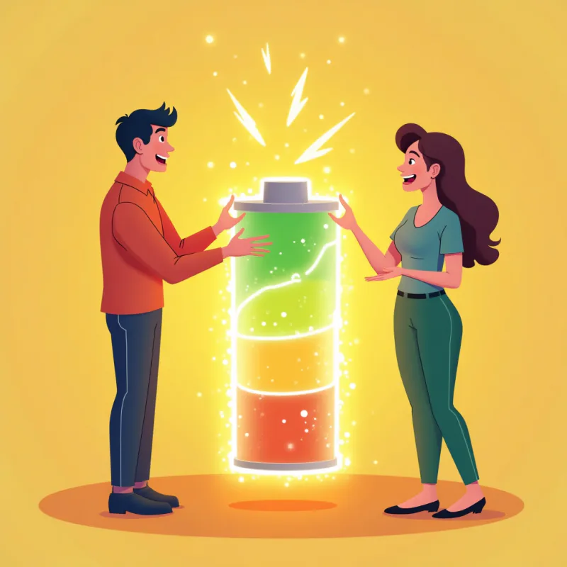 カラフルなカートゥーン風イラスト:バッテリーのアイコンが人とのおしゃべりで充電されて満タンに近づいていくビジュアルメタファー、2人の人が軽やかに会話し、その間に光の充電マークが流れる、ポジティブでエネルギッシュな雰囲気、暖かく明るい色、モダンなイラスト、文字なし