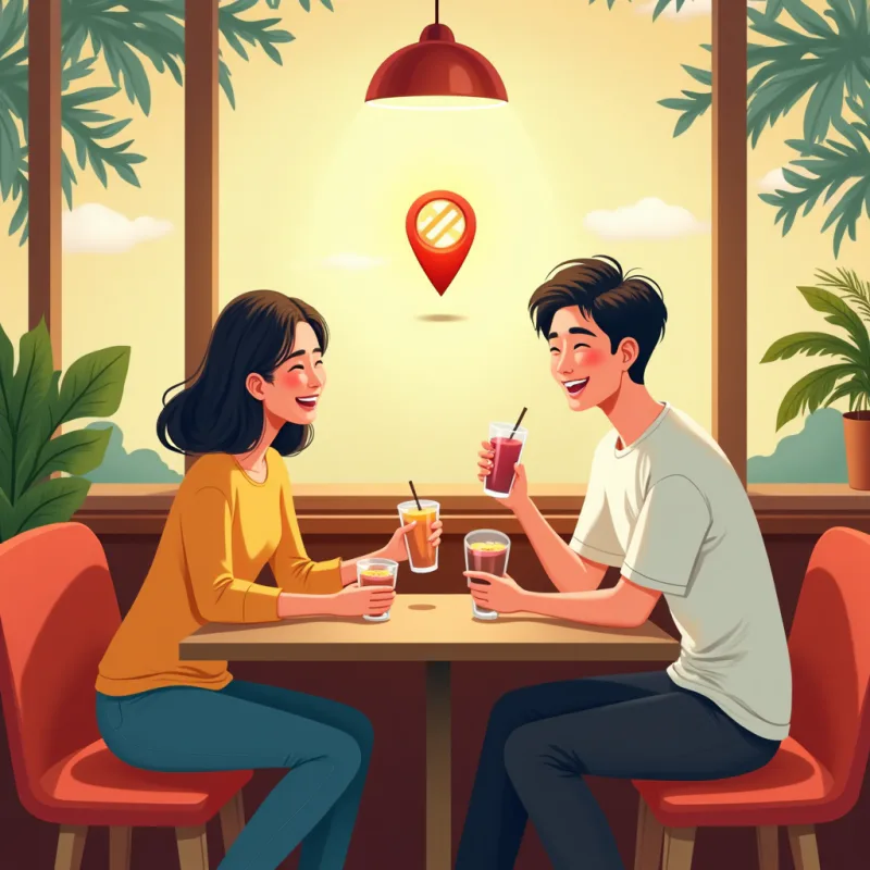 カラフルなカートゥーン風イラスト:日本人と外国人の2人が、明るく居心地のいい昼のカフェでドリンク片手にリラックスして笑っている、テーブルの上に小さな地図のピンが光って浮かぶ、親しみやすく前向きな雰囲気、暖かく明るい色、モダンなイラスト、文字なし