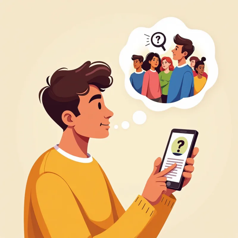 カラフルなポップアート調のコラージュイラスト：スマホのレビュー画面と星、拡大鏡が多国籍な人々の群れを探しているビジュアル、地図のピン、大きなクエスチョンマーク、鮮やかなネオンカラー、モダンなグラフィックデザイン、目を引くサムネイル、文字なし