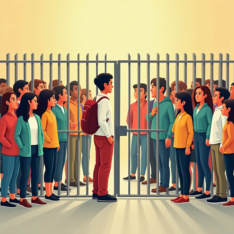カラフルなカートゥーン風イラスト：1人の人と、その人が会いたい多国籍な人々の群れの間に、鍵のかかったゲートやフェンスが立っているビジュアルメタファー、手前の人は少し困った表情、対比、落ち着いた考えさせる雰囲気、暖かめの明るい色、モダンなイラスト、文字なし