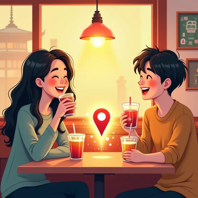 カラフルなカートゥーン風イラスト：日本人と外国人の2人が明るく居心地のいいカフェでドリンク片手にリラックスして笑っている、テーブルの上に光る地図のピンが浮かぶ、親しみやすく前向きな雰囲気、暖かく明るい色、モダンなイラスト、文字なし