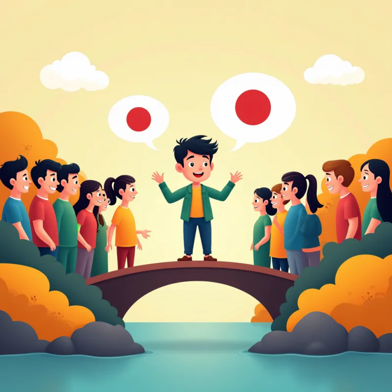 日本人グループと海外の人グループのあいだの橋の上に立って、両側に笑顔で手を差し伸べる人