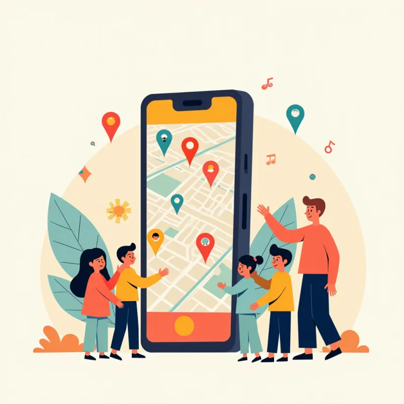 街の地図に近くの人を示すピンが並ぶスマホと、まわりで手を振りおしゃべりする多様な人たち