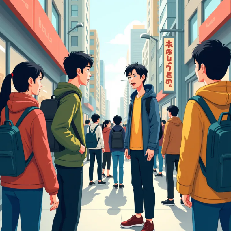 海外の混雑した通りで見知らぬ人に思わず声を上げてしまう日本人、周囲の人が驚いてそちらを見ている、現代的なイラスト調、明るい色、文字なし