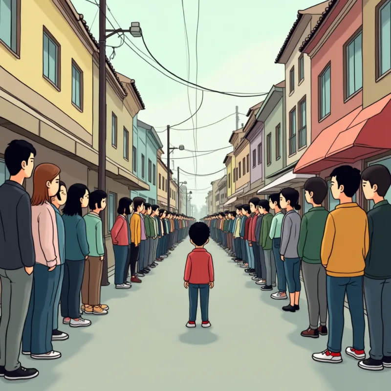 海外の通りで声を上げた日本人を周囲が見ている、本人は自分だけ浮いているように感じている、現代的なイラスト調、落ち着いた色、文字なし