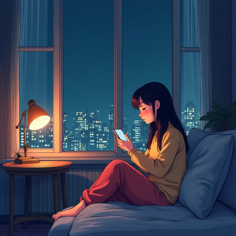 夜、海外の狭いアパートで一人スマホを手に持ち、送る相手がいない日本人、窓の外に街の明かり、現代的なイラスト調、静かな色調、文字なし