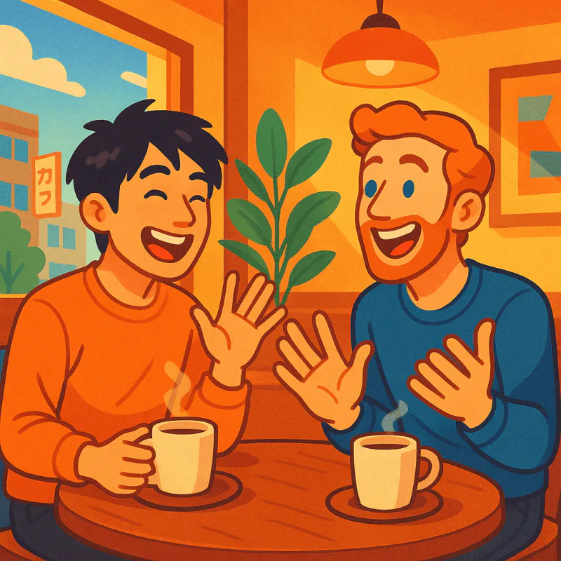 カフェで外国人の友達と話す