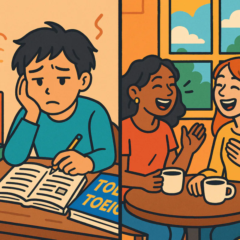 一人で英語のテキストに向かう疲れた学習者と、カフェで楽しく英語で会話する2人の対比