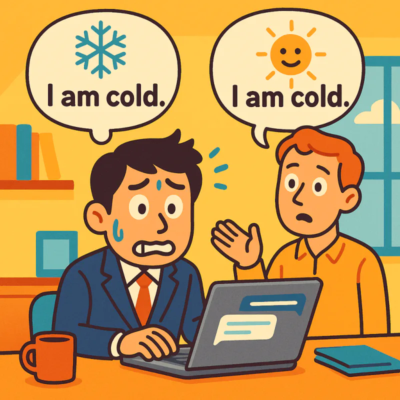 オフィスで英語に固まる日本人と、混乱した顔の外国人同僚、二人の間に矛盾するチャットバブル