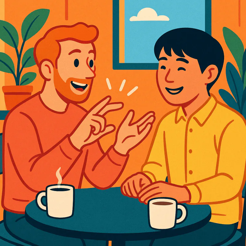 小さなカフェのテーブルで、一人がジェスチャーを使って英単語を説明してる、もう一人が真剣に聞いてる、二人とも笑顔でリラックスしてる