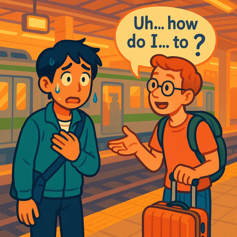 駅のホームで外国人観光客に英語で道を聞かれて固まっている日本人