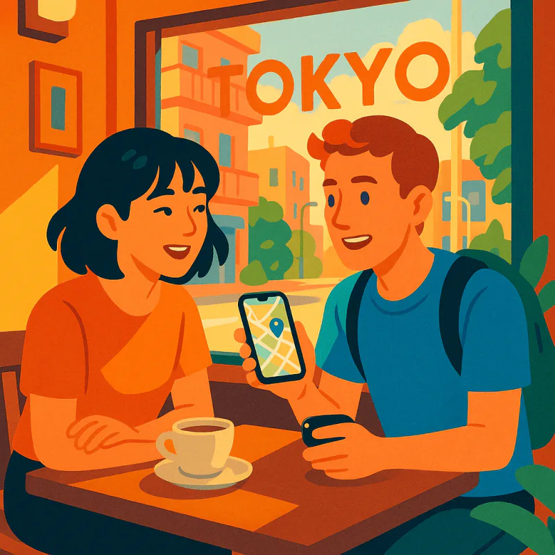 東京の小さなカフェで20代の2人が会話してる様子。1人がスマホでマップを見せて、もう1人が興味深そうに聞いてる