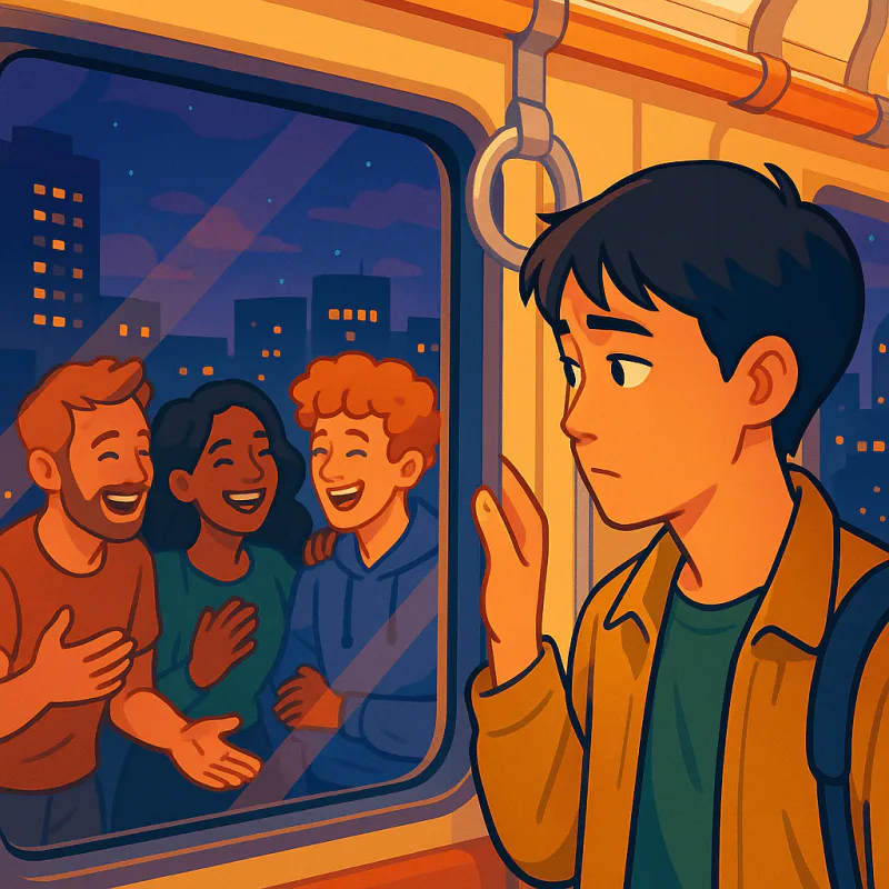 東京の電車の中で外国人グループを遠くから見つめる日本人男性、窓の外を眺める対比、夜の街の光、平行世界の雰囲気