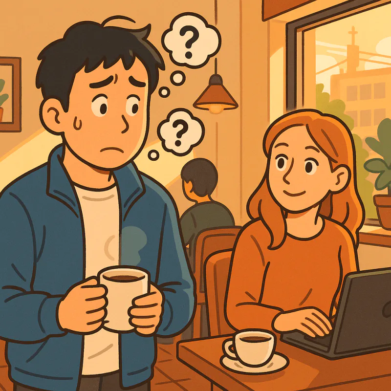 東京のカフェで外国人女性に話しかけるか迷う日本人男性、緊張した表情、コーヒーを片手に、午後の柔らかい光