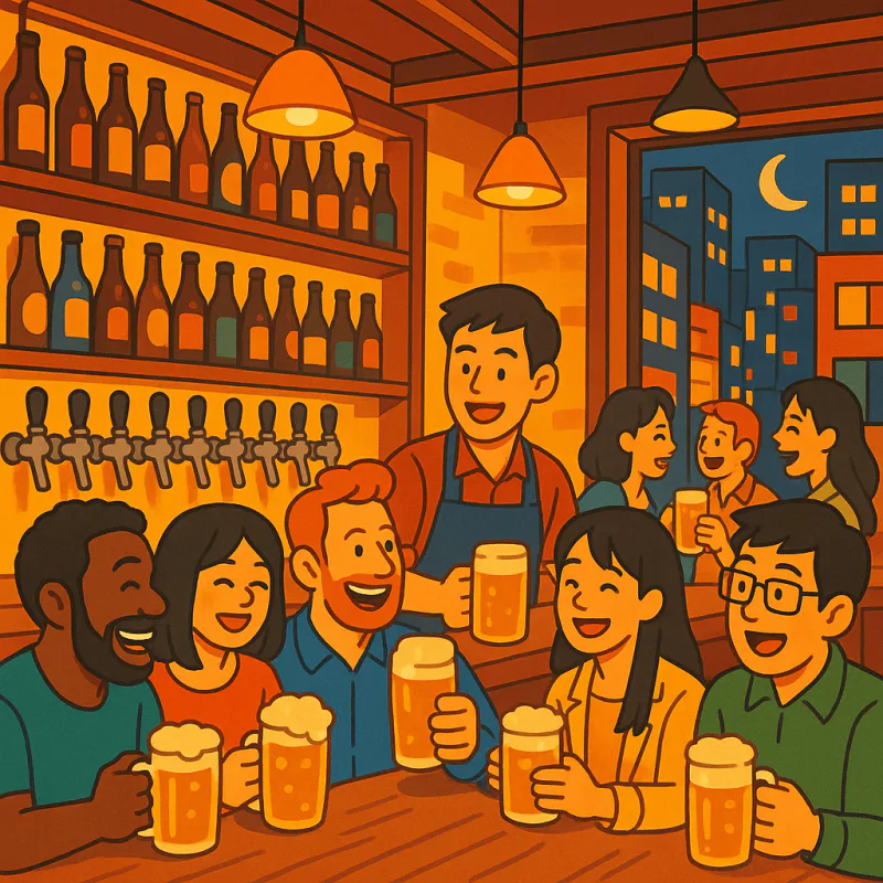 東京のクラフトビールバーで日本人と外国人が混ざって楽しそうに話してる賑やかなシーン、温かい店内の照明、フレンドリーな雰囲気