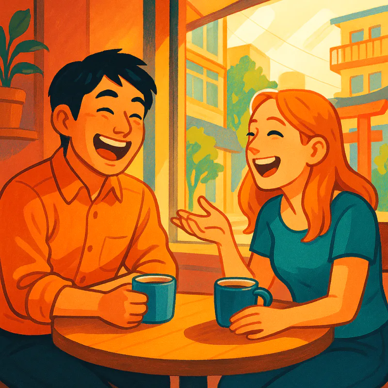 東京の小さなカフェでリラックスして笑い合う日本人と外国人、テーブルにコーヒー、温かく明るい雰囲気、自然な友情
