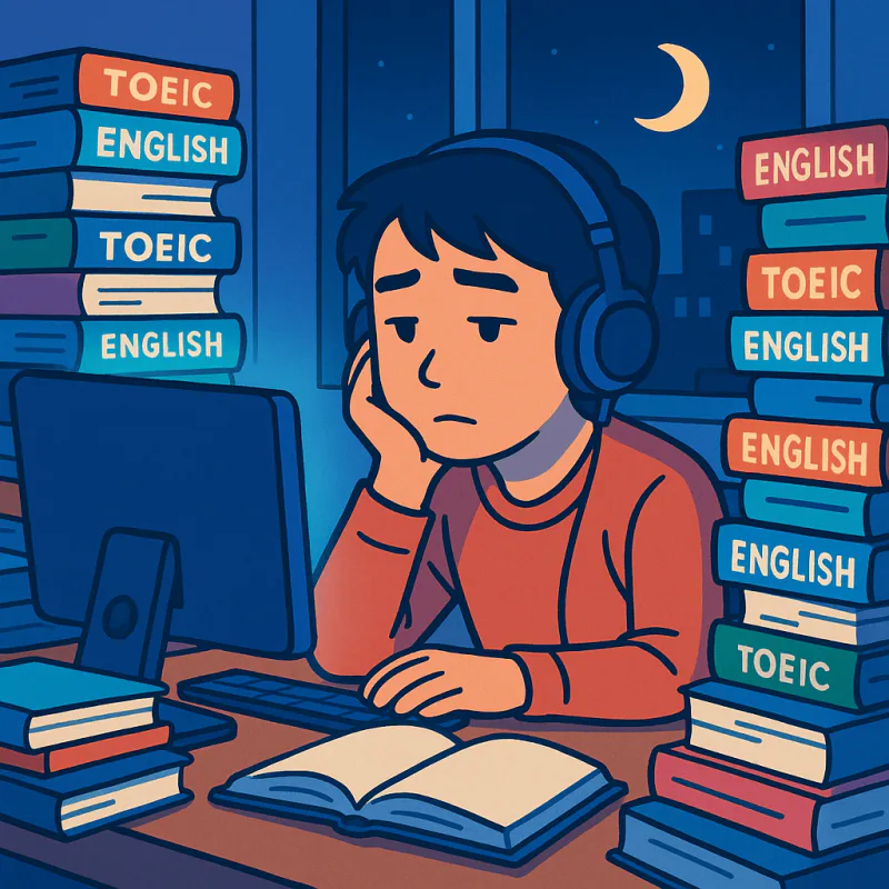 壁に積み上がった英語の参考書とTOEIC問題集に囲まれて、ヘッドホンをして一人でシャドーイングしている疲れた日本人、机の上にコーヒー、夜のデスクライト