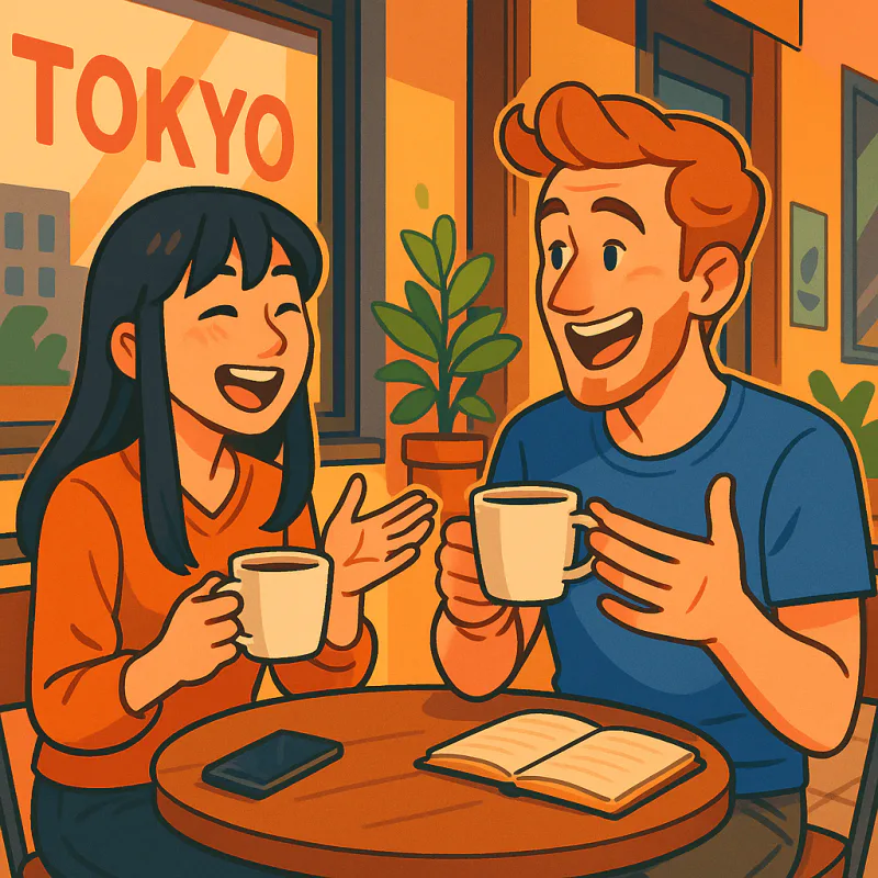 東京の小さなカフェで20代の日本人女性と外国人男性がコーヒーを前に楽しそうに話している、テーブルにはスマホとノート、午後の柔らかい光、モダンなイラスト