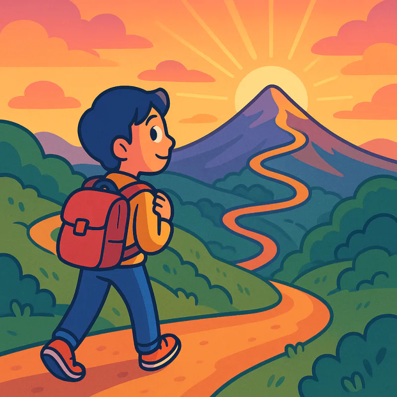 長い山道を歩いている日本人、道の途中で振り返って下を見るとすでに登ってきた距離が見える、頂上はまだ見えるが朝日が昇りつつある、希望に満ちた色彩、モダンなイラスト