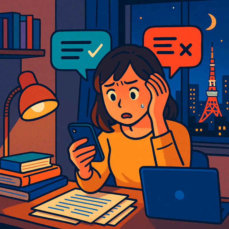 東京のマンションの机に座って、夜遅くにLINEの画面を見つめる20代の日本人女性、画面には海外の友達からの「それハラスメントだよ」というメッセージ、もう一つの画面には親戚からの「我慢しなさい」、混乱した表情、暖色のデスクライト、モダンなイラスト