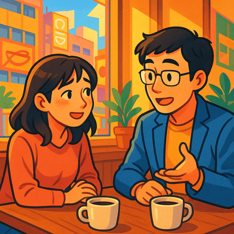 東京の小さなカフェで、20代の日本人女性が向かいの30代くらいの日本人ポスドクと真剣に話している、テーブルにはコーヒー2杯、午後の柔らかい光、モダンなイラスト
