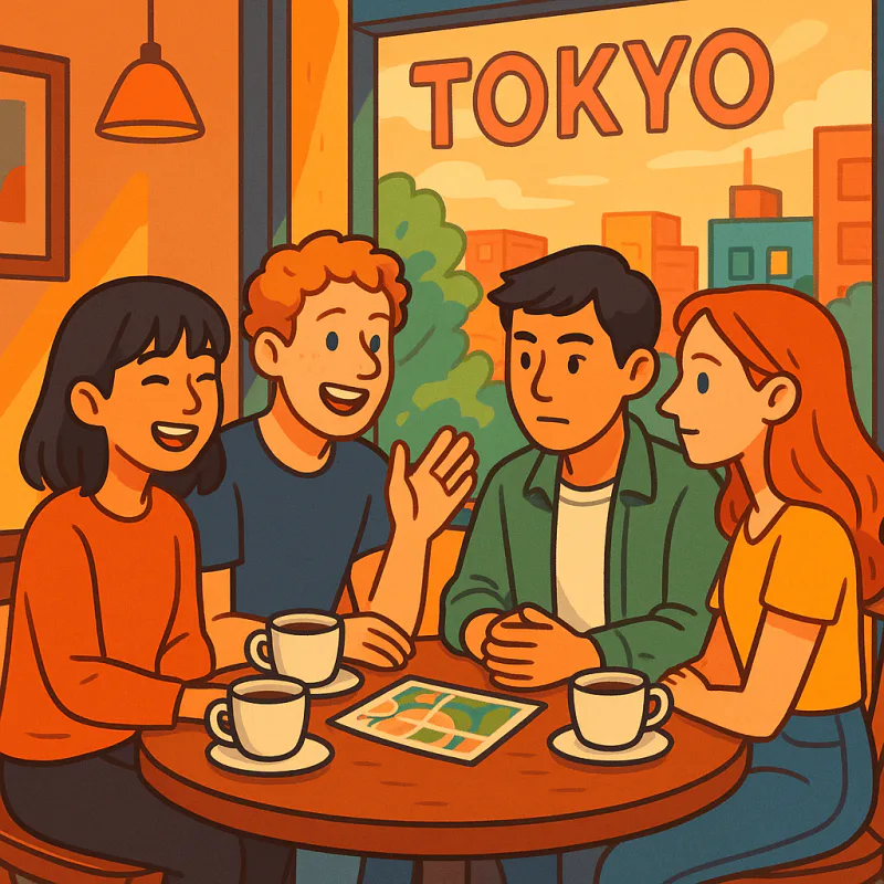 4人の若者がカフェのテーブルを囲んで会話している、2人は日本人、2人は外国人、笑い声と真剣な相談が混ざっている、東京のカフェ、午後の暖かい光、モダンなイラスト