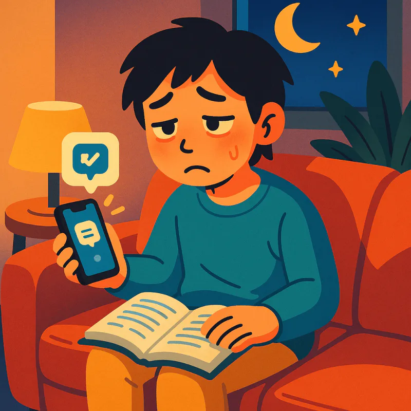 夜の自室のソファで、開きかけの英語の参考書とDuolingoの通知が画面に出てるスマホを持って疲れた顔をしてる20代の日本人、暖かい間接照明、モダンなイラスト