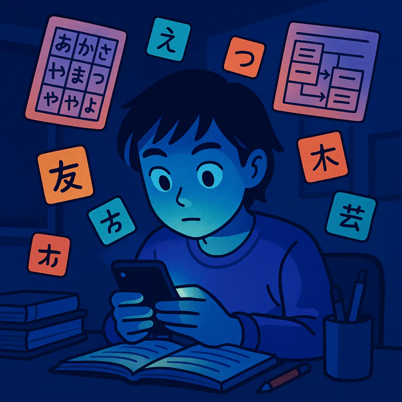 深夜、暗い部屋で一人、スマホの画面の光に顔を照らされながら英単語アプリを見てる日本人、空中に浮かぶ単語カードと文法表、孤独で静かな雰囲気、青い冷たい光、モダンなイラスト