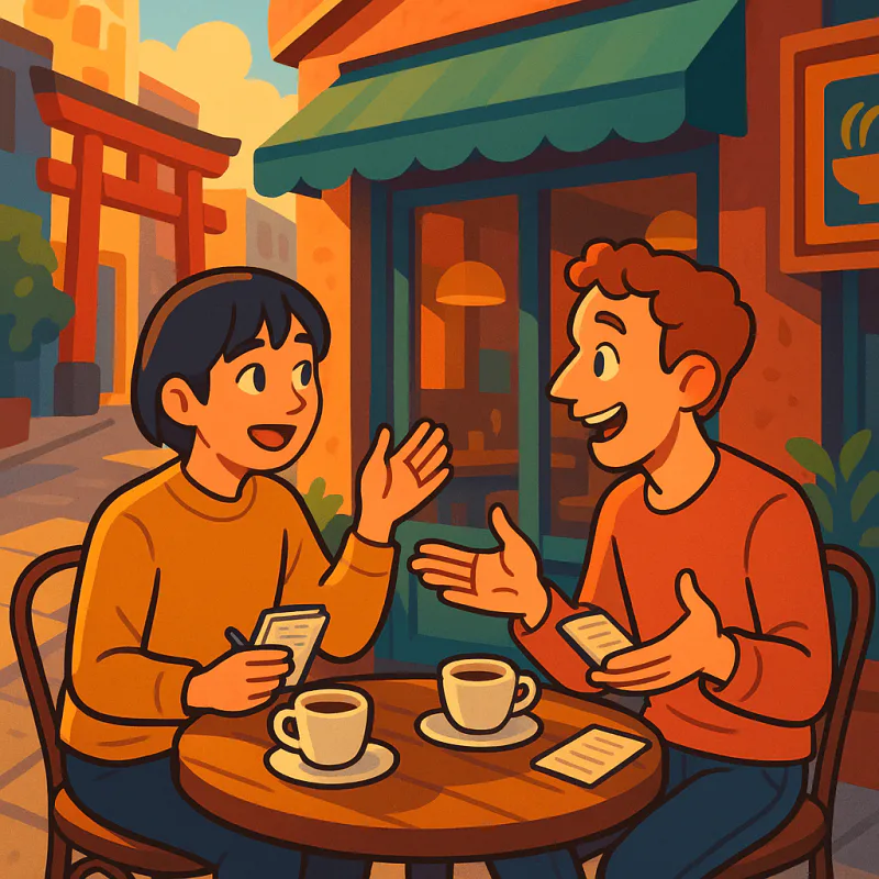 東京の小さなカフェのテーブルで、20代の日本人と外国人がコーヒーを前に身振り手振りで楽しそうに話している、お互い少しメモを取ってる、午後の暖かい光、モダンなイラスト