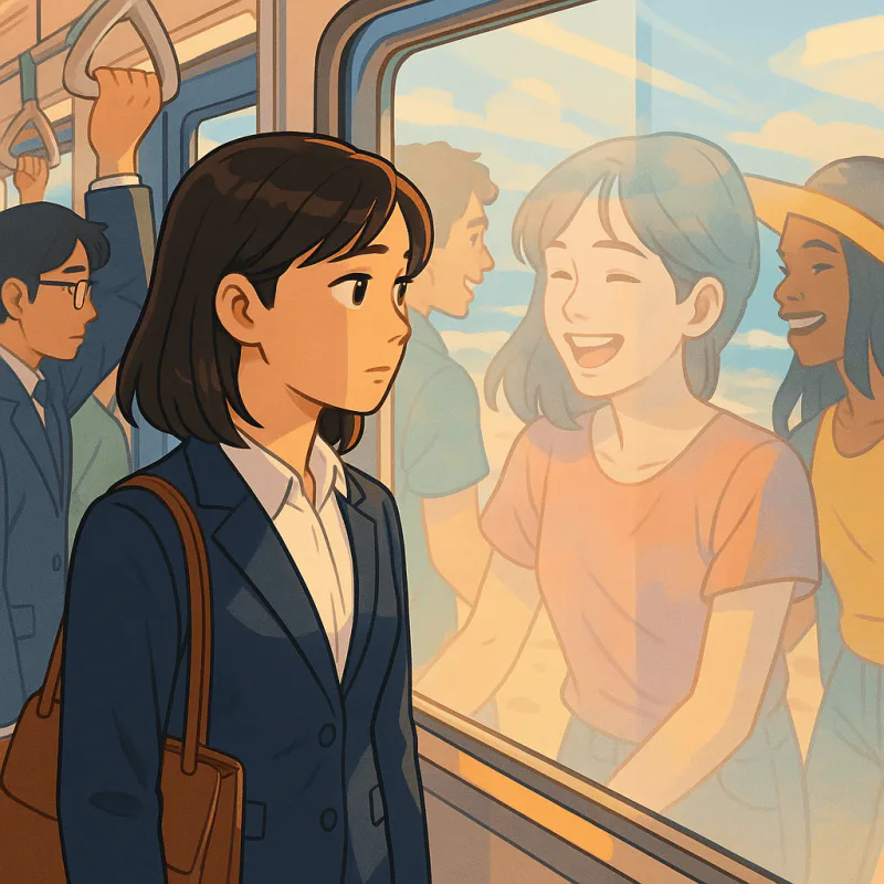 東京の満員電車の窓に映る20代の日本人女性、スーツ姿でスマホを握っている、隣には別の自分の幻影、ビーチで友達と笑っているTシャツ姿、二つの自分が薄く重なり合う、朝の光、モダンなイラスト