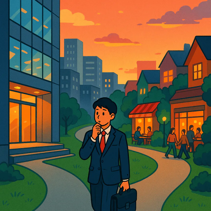 東京のオフィスビルの夜景、20代の日本人がスーツ姿で建物から出てくる、目の前に二本の道、片方はまた別のビル群、もう片方は色とりどりのカフェやバーや友達の家、迷っている表情、夕暮れの暖色光、モダンなイラスト