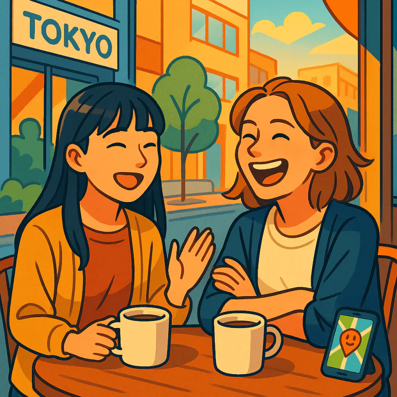 東京のカフェのテラス席、若い日本人女性と外国人男性がコーヒーを2杯飲みながら笑っている、テーブルにスマホはなく、地図アプリの画面が小さく映っている、午後の暖かい光、モダンなイラスト