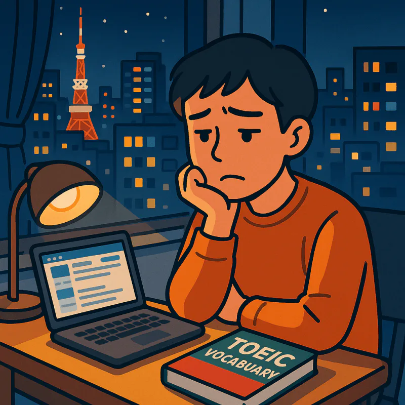 20代後半の日本人が、未開封のTOEIC単語帳を机に置いたまま、ノートパソコンで「英語学習 目的」と検索している、夜の部屋、自信なさげな表情、モダンなイラスト
