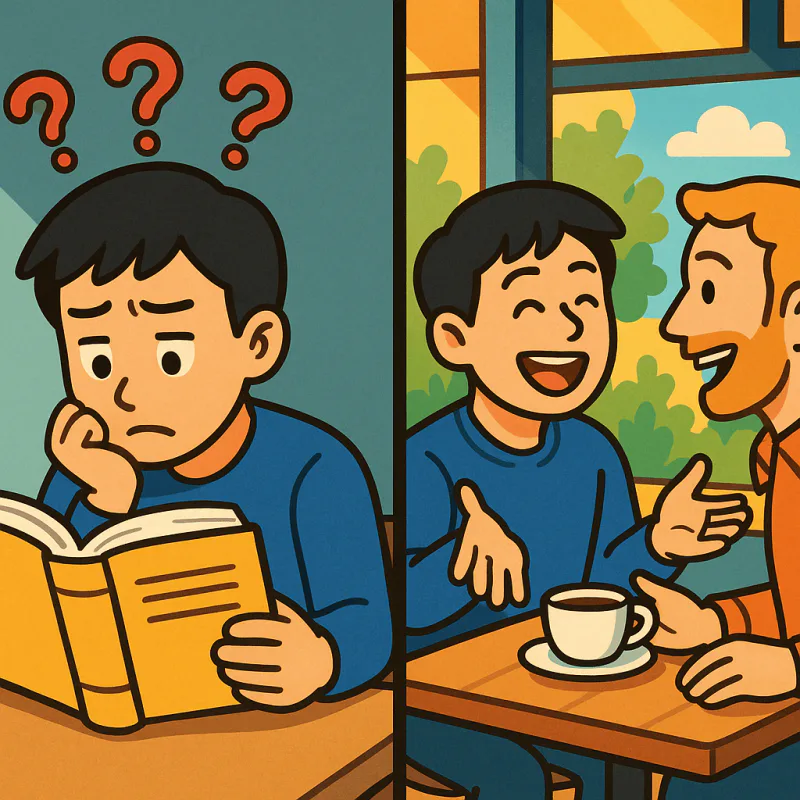 分かれた構図、左側にTOEIC単語帳を見つめて悩む日本人、頭の上にハテナマークが浮かんでいる、右側にカフェで外国人の友達と楽しく話している同じ日本人、温かい色調、モダンなイラスト