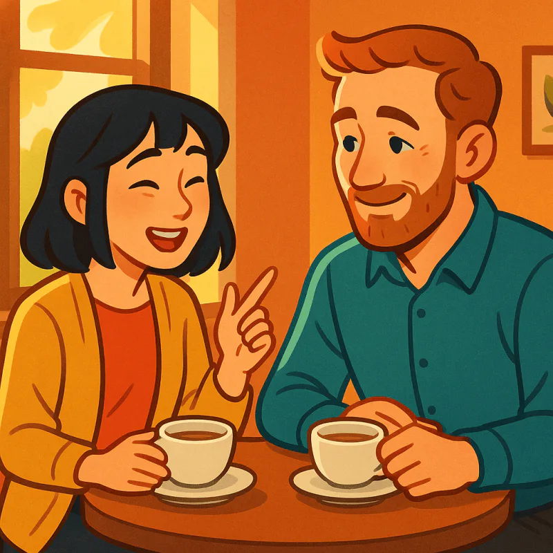 カフェのテラス席で、日本人女性と外国人男性が紅茶を飲みながら笑い合っている、女性が一生懸命英語を話している、相手は嬉しそうに聞いている、午後の柔らかい光、親密で温かい雰囲気、モダンなイラスト