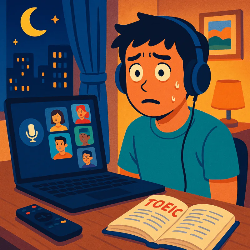 日本人男性が夜の部屋で大きいヘッドホンをつけてノートパソコンの前で固まっている、画面には音声チャットの参加者が5人並んでいる、机にはNetflixのリモコンとTOEICの単語帳が置きっぱなし、戸惑った表情、温かい色合い、モダンなイラスト