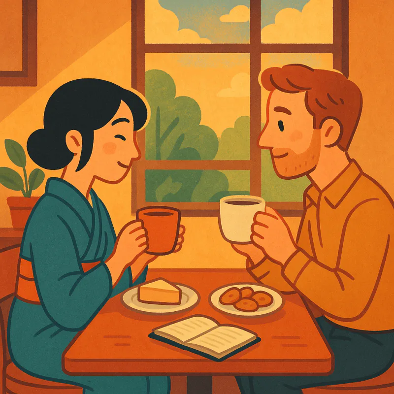 小さなカフェのテーブルで、日本人女性と外国人男性が向かい合って、両手にコーヒーを持って柔らかく笑っている、午後の温かい光、テーブルの上にお菓子と本、まわりには他の客がいない静かな雰囲気、親密で落ち着いた色調、モダンなイラスト
