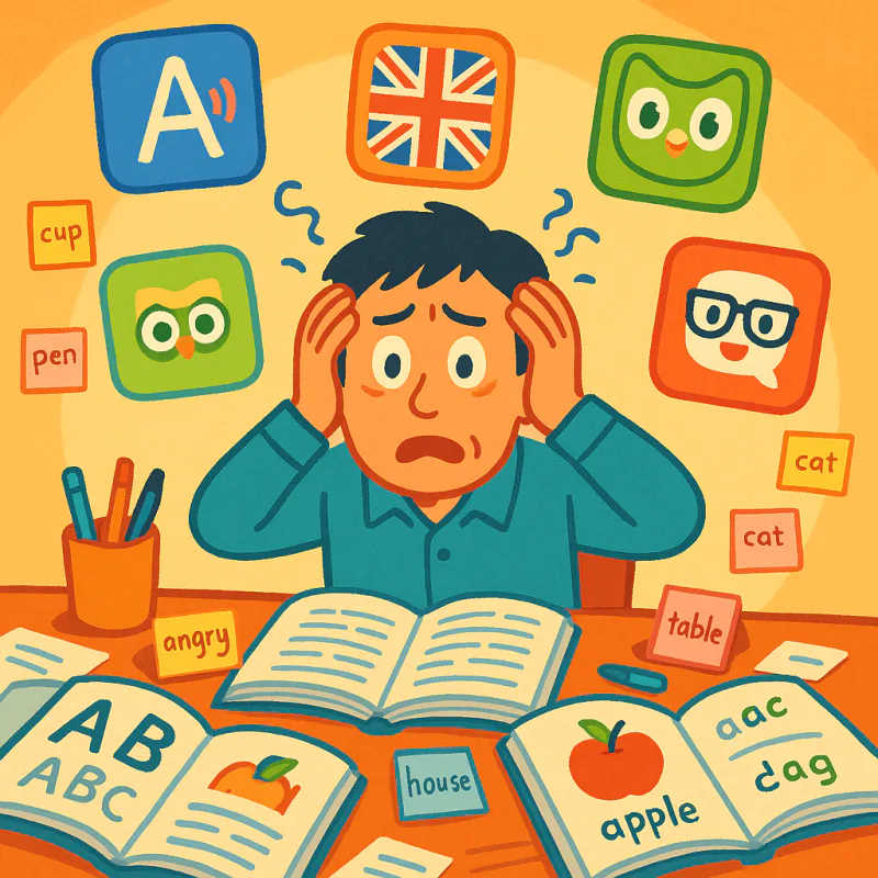 40代の社会人が散らかったデスクで複数の英語アプリのアイコンに囲まれて困惑している様子、開いた英語のテキスト数冊、付箋メモが散乱、現代的なイラスト調、明るく温かい色、文字なし