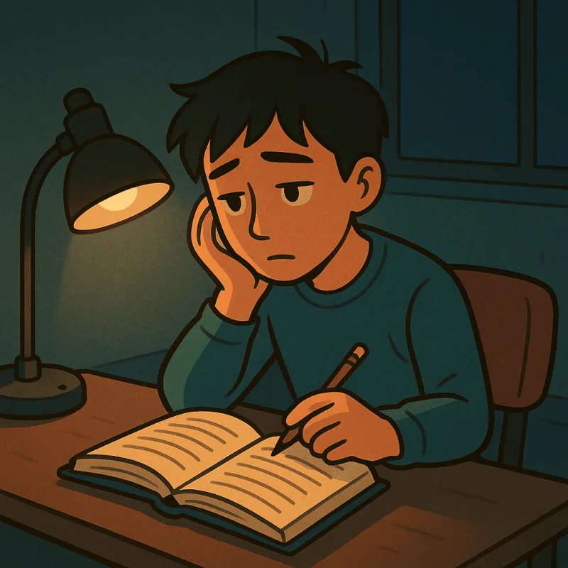 1人で夜遅くにテキストを開いて勉強している人物、薄暗い卓上ランプ、誰もいない部屋、少し物寂しい雰囲気、現代的なイラスト調、落ち着いた温かい色、文字なし