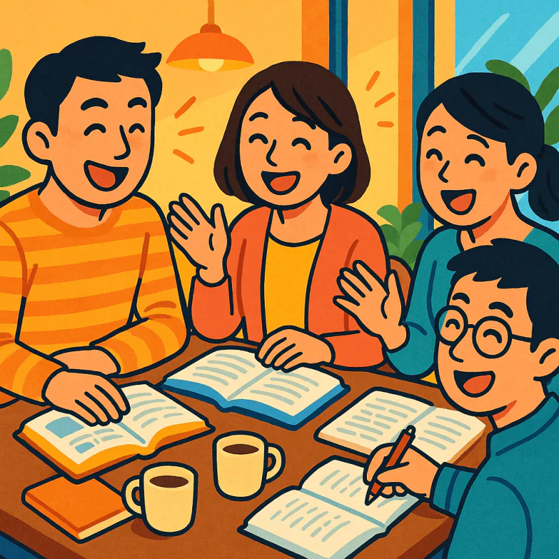 4人の友人が一緒に英語を勉強している様子、カフェのテーブル、笑顔で活発に話している、テキストとノートが開いている、応援し合う雰囲気、現代的なイラスト調、明るく温かい色、文字なし
