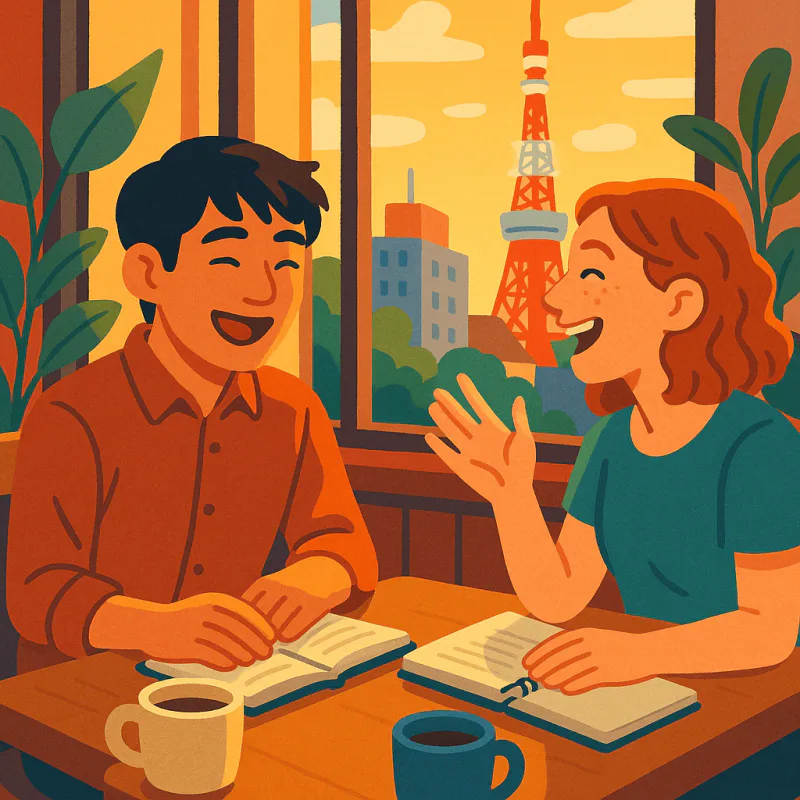 都内のカフェで対面で会っている2人、外国人と日本人、会話の途中で笑っている、ノートとコーヒーがテーブルに、午後の温かい光、親しみやすく親密な雰囲気、現代的なイラスト調、文字なし