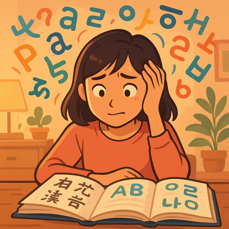 デスクで英語のテキストと韓国語のテキストの間で困惑している女性、頭の周りにアルファベットとハングルの文字が浮かんでいる、現代的なイラスト調、温かく落ち着いた色、文字なし