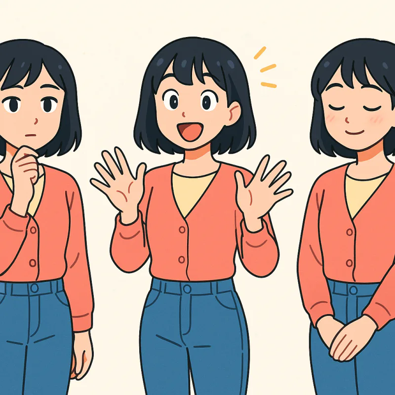 3つの異なる表情を持つ同じ人物が並んで立っている、ひとりは穏やかに話していて、ひとりは活発に手振りで話していて、ひとりは落ち着いて頷いている、現代的なイラスト調、柔らかい明るい色、文字なし