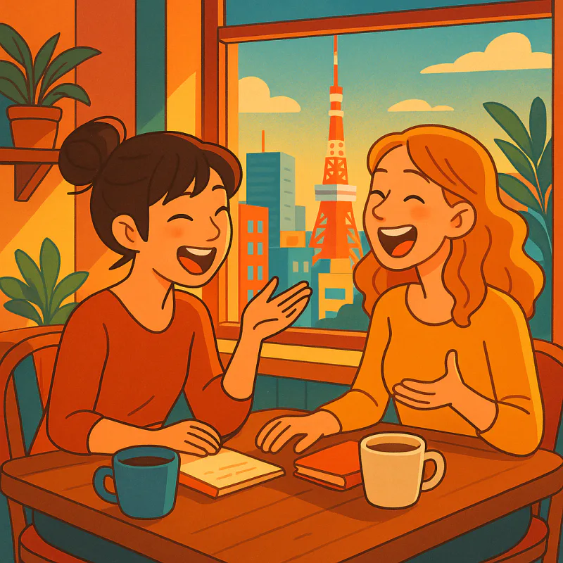 東京のカフェで日本人女性と外国人女性がテーブルを挟んで談笑している、午後の窓からの温かい光、リラックスした雰囲気、現代的なイラスト調、明るく温かい色、文字なし