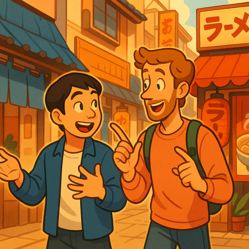 日本人と外国人が小さな商店街を歩きながら、片方が日本の食べ物について身振り手振りで説明している、午後の暖かい光、生き生きとした表情